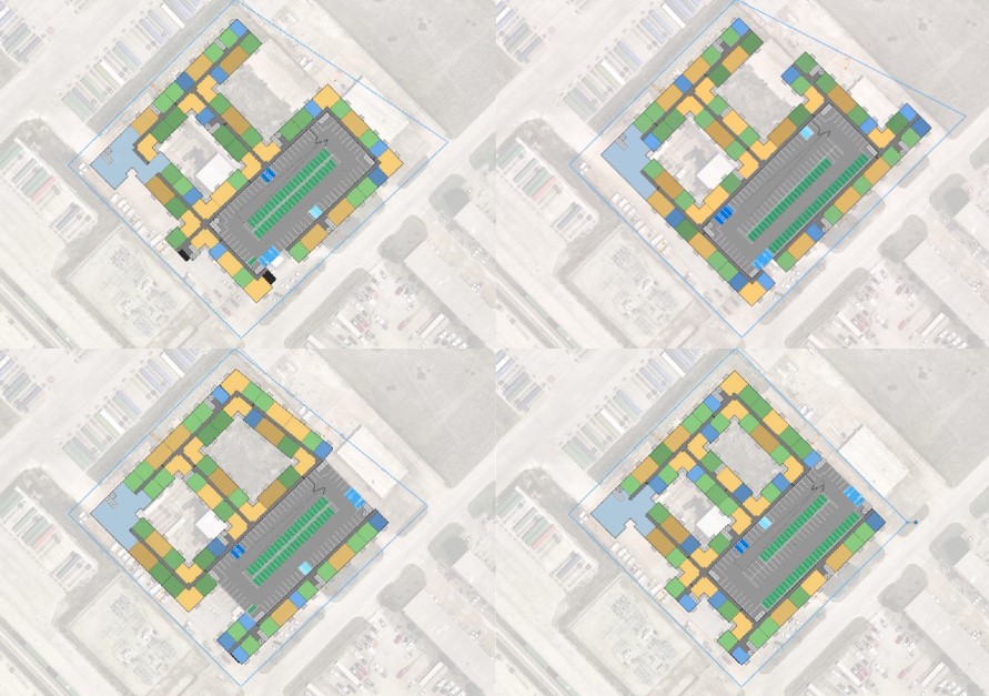 Figure 1 – TestFit demonstration with a direct comparison of four different structures that meet the same requirements on the same site (TestFit: Real Estate Feasibility Platform).