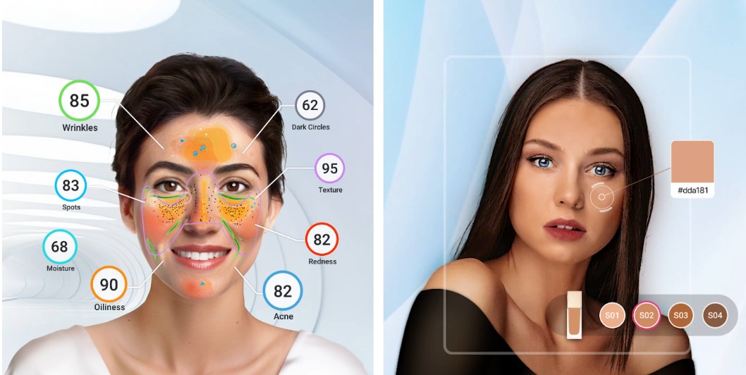 Figure 2 –  AI & AR software used to analyse skin condition (left) and skin tone (right) developed by the company ‘Perfect’ (Smart Makeup Mirror: The Complete Guide 2024).