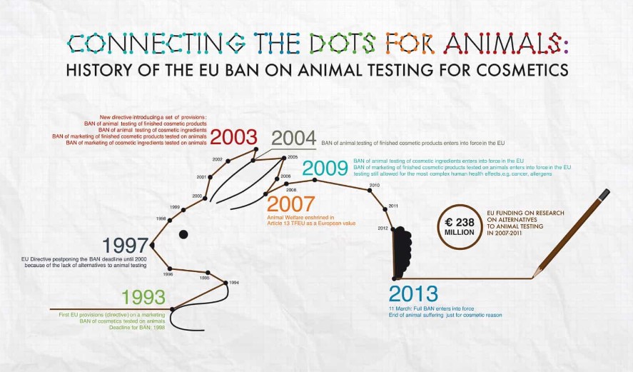 Figure 3 – Milestones reached in the United Kingdom for animal rights on cosmetic tests from the introduction of the first EU provision in 1993 to the full ban in 2013 (Cosmetics).