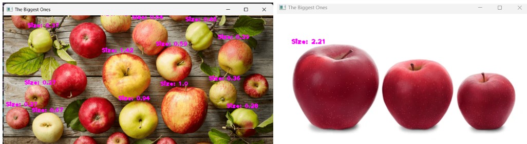 Display the apples with the largest area calculated (largest 50%).